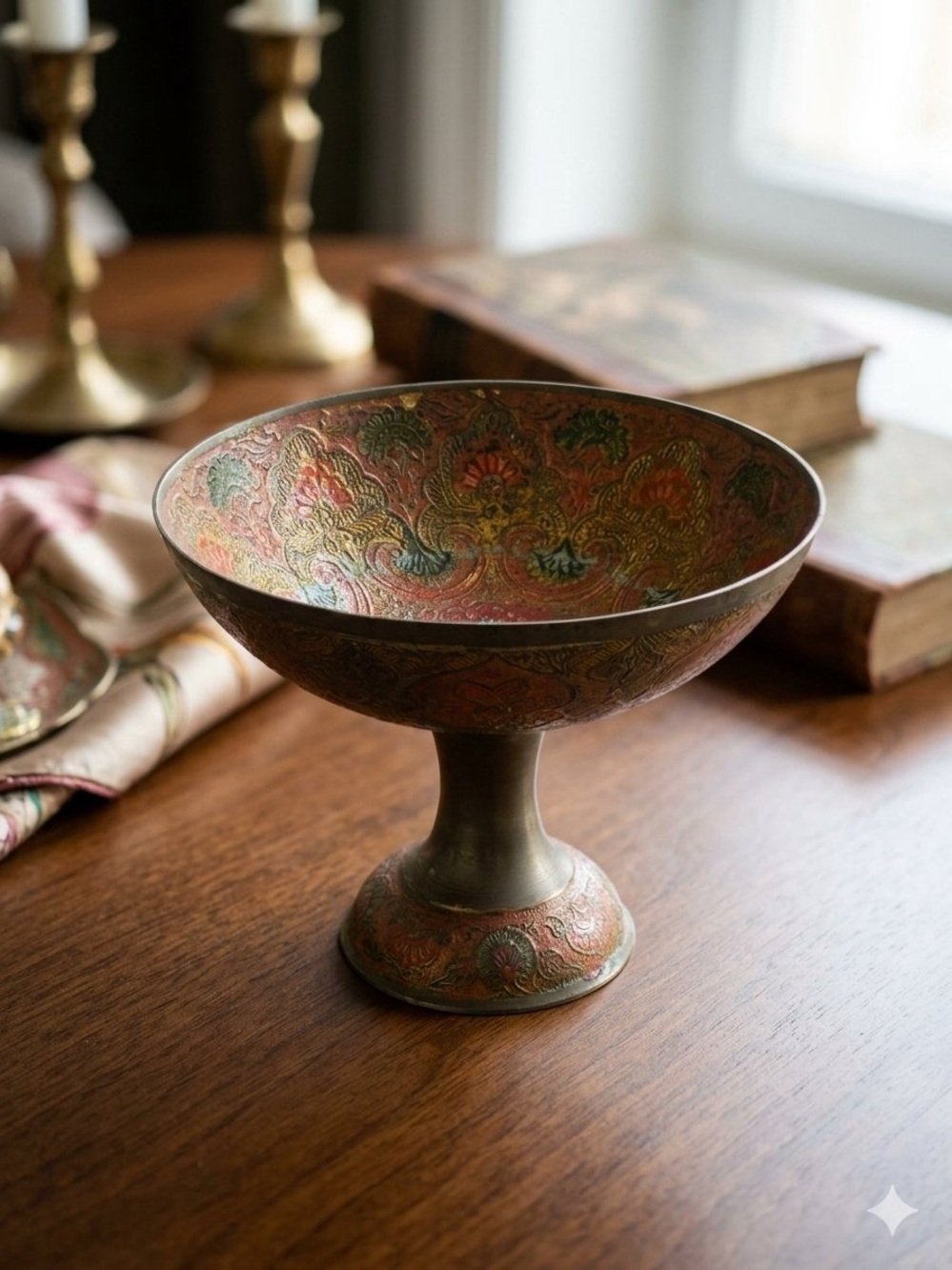 Vintage Indian Brass Enamel Pedestal BowlPeacock Floral Meenakari Footed 7"